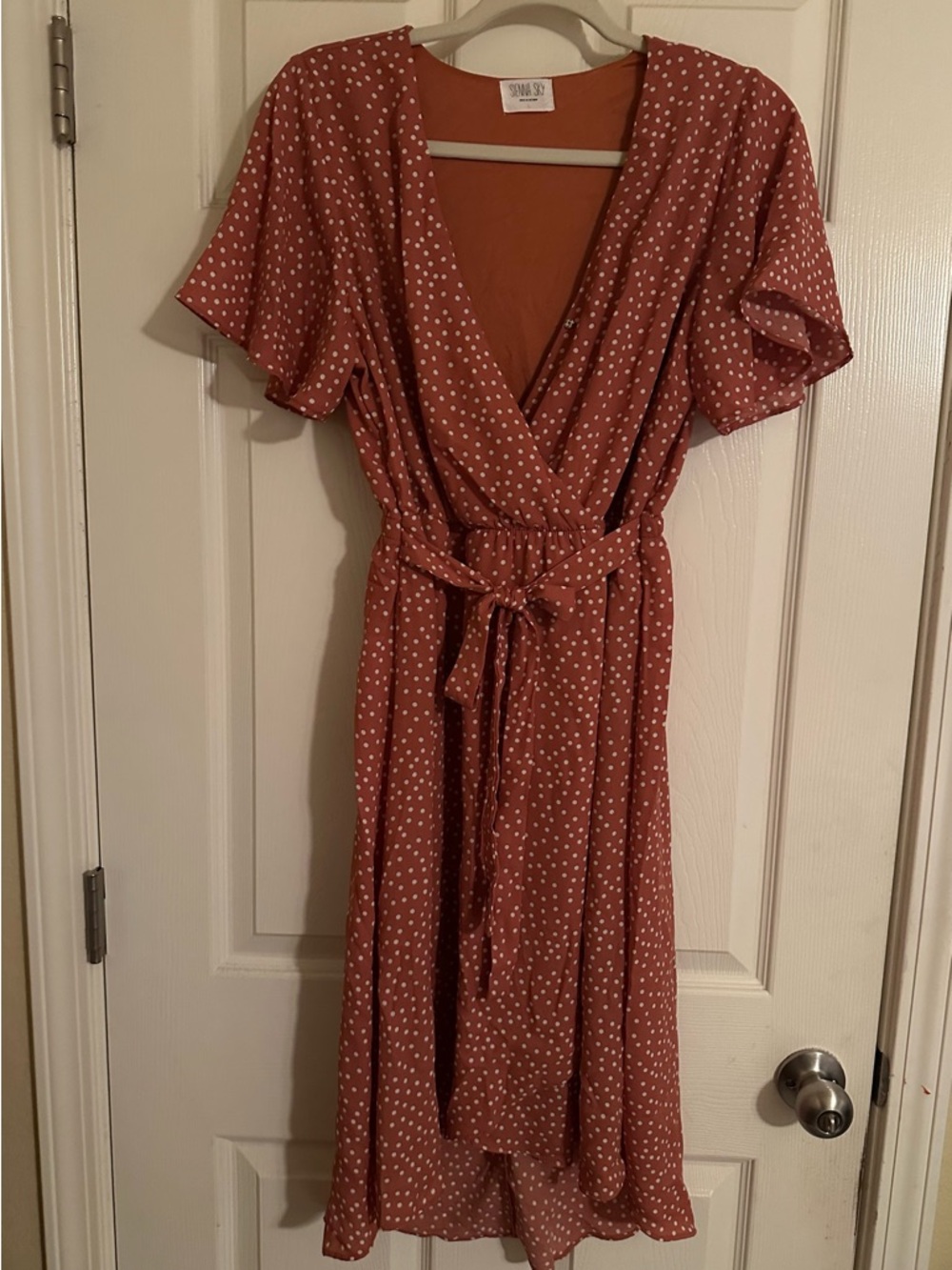 Sienna Sky Polka Dot Faux-Wrap Midi Dress Size Large
